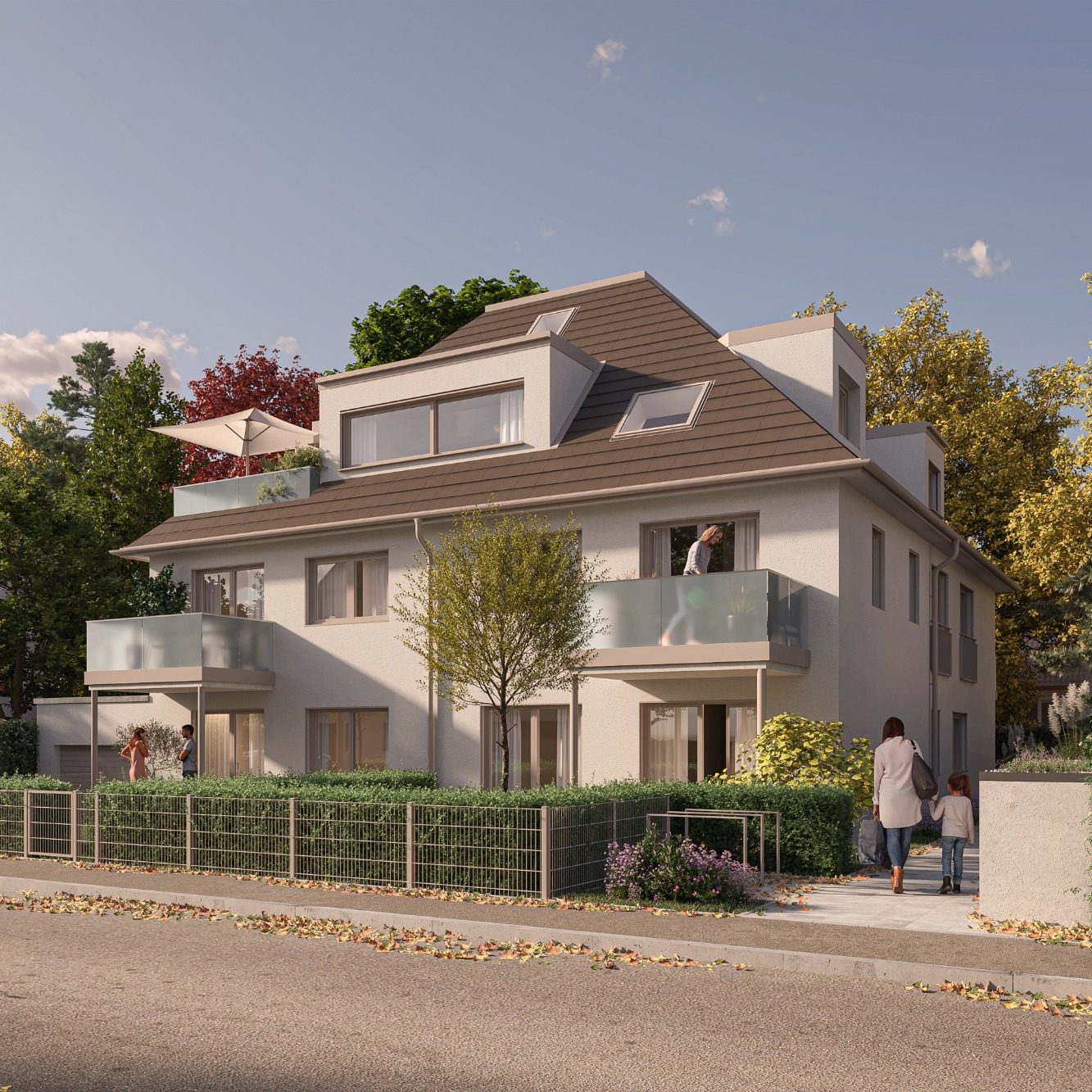 Modernes Mehrfamilienhaus mit Balkonen und angrenzendem Garten im ruhigen Wohngebiet.