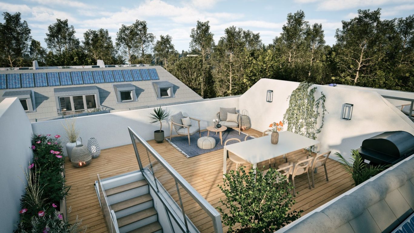 Besondere Dachterrasse mit Sitzbereichen, Pflanzen und Ausblick auf Bäume.