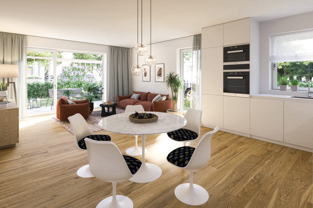 Helles, modernes Wohnzimmer mit Essbereich, großen Fenstern und weißen Möbeln.